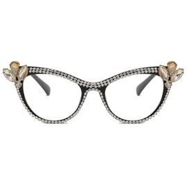 Bling Rhinestones Cat Eye Reading Glasses Crystal Diamond Frame Eyewear Blue Light Blocking (black/white, 2.0)