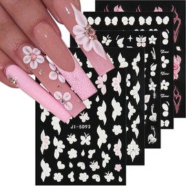Fcozpjk 5D Embossed White Flowers Nail Stickers, 5 Sheets Self-Adhesive Flowers Nail Decals, Spring Floral Nail Art, Rose Butterfly Stickers for Nail Art, 3D Acrylic Flowers for Nails, Manicure Decor