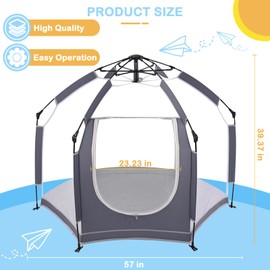 Baby Playpen with Canopy, Portable Mesh Play Yard Indoor and Outdoor, Pop Up Toddler Playpen with Dome, Lightweight Foldable Playspace for Home, Beach and Park, Gray