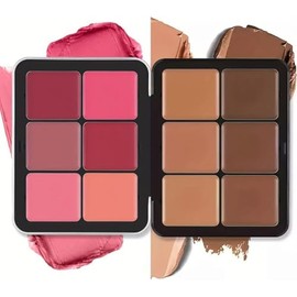 Paleta de Maquillaje Facial, Paleta de 12 Colores de Corrector y Colorete,de larga duración, a prueba de manchas, de aspecto natural, difuminable, 2 e