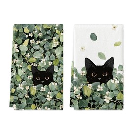 Artoid Mode Green Leaves Wild Flowers Black Cat Spring Kitchen Towels Dish Towels, 18x26 Inch Farmhouse Plants Decoration Hand Towels Set of 2
