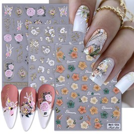 3 Sheets Flowers Nail Art Stickers Decal 5D Embossed Self Adhesive Nail Decals Design Pink Yellow White Daisy Peony Floral Nail Art Stickers for Women Girls DIY Manicure Tip Flowers Nail Decoration