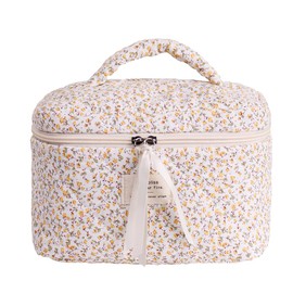 Makeup Bag Travel Toiletry Organizer,Large Quilted Cosmetic Bag for Women Make-up Bags Portable Cosmetic Brush Pouch Handle Zipper Storage Case,Floral Yellow