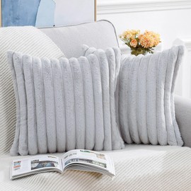 Madizz Set of 2 Faux Fur Plush Decorative Throw Pillow Covers 18x18 inch, 45x45 cm, Light Grey Fluffy Striped Soft Decorative Cushion Cover for Sofa Bedroom Pillow Shell