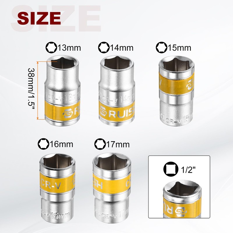 sourcing map 5pcs 1/2" Drive 6 Points Socket 13-17mm Metric
