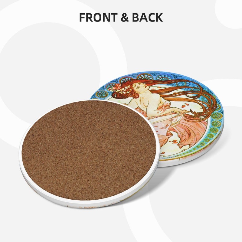 Alphonse Mucha Art Absorbent Coasters with Holder Set of 6,