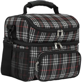 FlowFly Double Layer Cooler Insulated Lunch Bag Adult Lunch Box Large Tote Bag for Men, Women, With Adjustable Strap,Front Pocket and Dual Large Mesh Side Pockets,Plaid