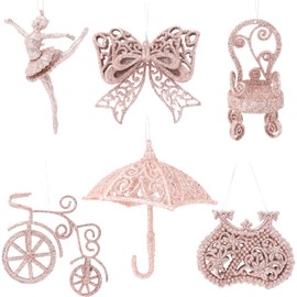 Toyland® Pack Of 6-11cm Glittery Decorative Tree Trims - 6 Assorted Designs - One Of Each Supplied (Rose Gold)