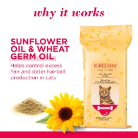 Burt's Bees for Pets Anti-Hairball Wipes for Cats, Sunflower Oil and Wheat Germ Oil, 98% Natural Origin, Cruelty-Free Cat Hairball Remedy Wipes, pH Balanced, Made in the USA, 50 Count