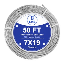 CKE 50FT 3/16" Stainless Steel Cable, 7 x 19 Strand 3/16 Inch Cable Wire Rope for Deck Cable Railing System, 3700lbs Breaking Strength Aircraft Cable for Deck Railing Kit, DIY Balustrade, CW600