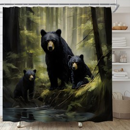 HYKHYK Black Bear Shower Curtain Rustic Green Forest Cabin Wildlife Animal Family Hunting Lodge Country Camping Farmhouse Bathroom Curtain Set with Hooks(70" WX70 H)