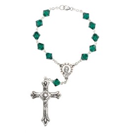 Silver One Decade Emerald Green Austrian Crystal AUTO (with CLASP) Rosary (May) - Comes with Holy Card - Communion, Confirmation, Christmas & more