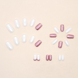 Press on Nails Medium Square Silver Glitter Sequins False Nails with Design French Artificial Acrylic Nails Full Cover Aurora Glossy Reusable Coffin Fake Nails Glue on Nails for Women 24Pcs