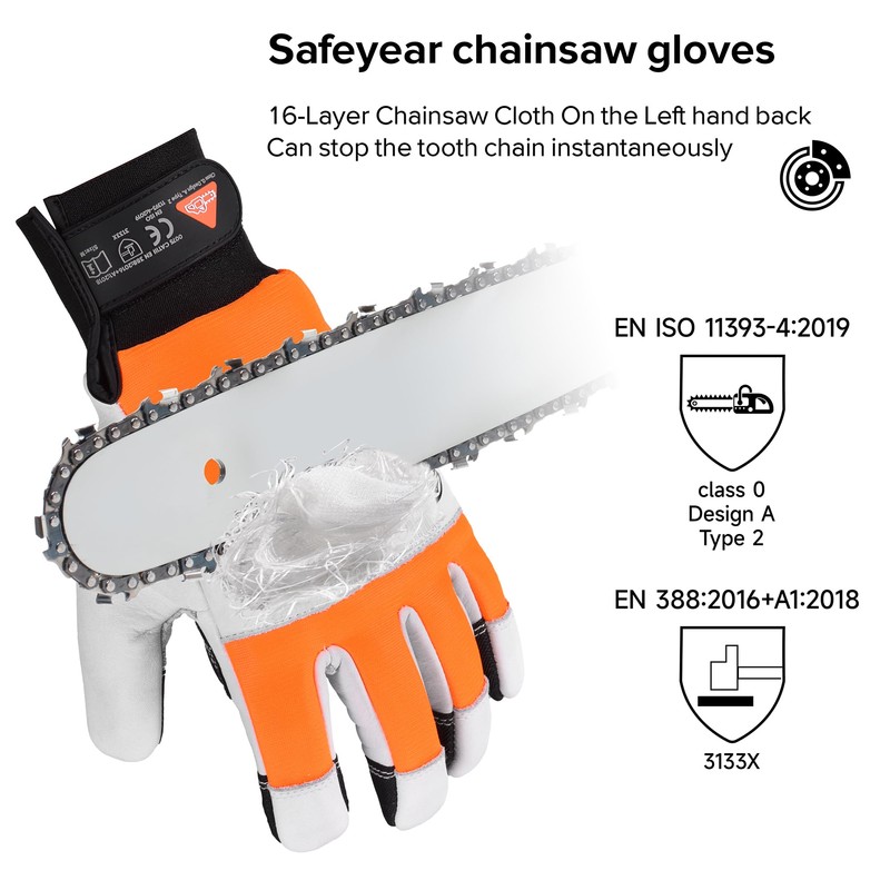 SAFEYEAR Chainsaw Gloves, L, White Cowhide & PVC Reinforced, EVA