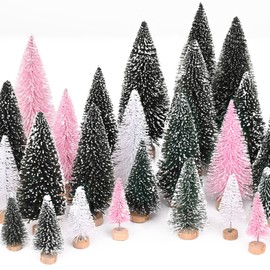 Waipfaru Pink Christmas Decorations, Mini Bottle Brush Christmas Trees, 21 Pcs Miniature Small Pine Trees for Xmas Tabletop Crafts Indoor Table Home Decor (Pink & White)
