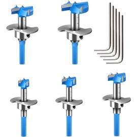 KEWAYO 5 Piece Forstner Drill Bit Set, Adjustable Positioning Drill, Forstner Bit Wood Drill Bit 15/20/25/30/35 mm, Hinge Hole Drill with Depth Stop (10-30 mm), for Woodworking Multi-Purpose Drill