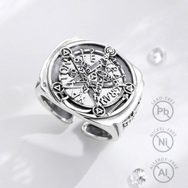 CELESTIA Pentagram Rings Men's Tetragrammaton Finger Rings Man Silver 925 Adjustable Rings for Men Wicca Jewellery Amulet Talisman Occult Pagan Witches Gifts for Dad Husband, Metal, Not applicable