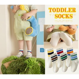 Wamvp Toddler Grip Socks with Non-Slip, Unisex Baby Retro Stripe Seamless Crew Ankle Cotton Socks for Girls Boys 6 Pairs,Colorful-1 1-3T