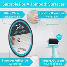 LifeGrip Transparent Anti Slip Tape, 4 inch by 40 feet with Application Roller, Non-Slip Traction Grip Tape to Tubs, Boats, Stairs, Clear, Soft, Comfortable for Bare feet (4" X 40' Tape + Roller)