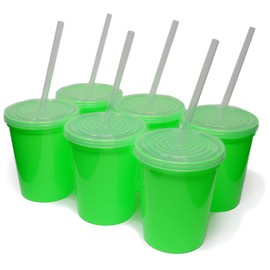 Rolling Sands 16 Oz. Reusable Plastic Stadium Cups with Lids, 6 Pack, USA Made Tumblers and Lids, Includes 6 Reusable Straws; Dishwasher Safe, Lime Green
