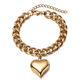 Acierble Stainless Steel Statement Chunky Big Puffy Gold Heart Charms Bracelet for Women Thick Statement Chain Link Bracelets for Lover,18K Gold Color