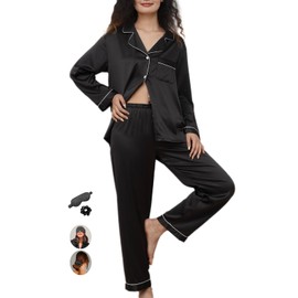 WJing Yi Jia Womens Pajama Set Silk Satin Pajamas Long 2pc Pjs Button Down Sleepwear Pj Set Loungewear Black