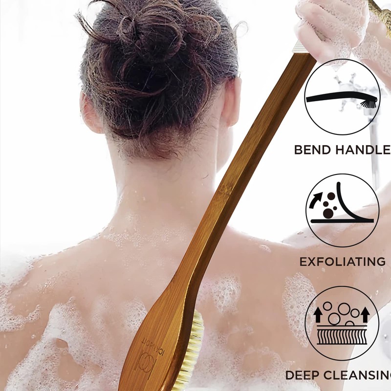 ICANdOIT-17.71Inch Natural Stiff Sisal Bristles Anti-Slip Curved Long Handle Bath