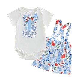 Fathers Day Baby Boy Outfit First Fathers Day Onesie Short Sleeve Romper Suspender Pants Set Newborn Baby Boy Clothes(A-White Fathers Day,6-9 Months)