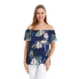 Matchable Couple Hawaiian Luau Off-Shoulder Ruffle Muumuu Top in Pineapple Garden Navy, Women, L