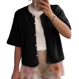 Women's Lightweight Button Up Knit Cardigan Short Sleeve Round Neck Solid Color Y2k Sweater Knitwear Tops, Black, Small