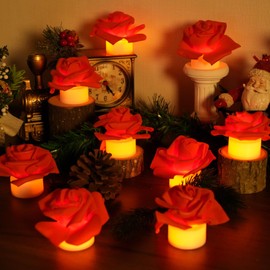 SupBri 12 Pack LED Tea Lights Candles with Artificial Rose Petals, Romantic Flameless Battery Operated Candles for Valentines Wedding Proposals Christmas Decor (Red)