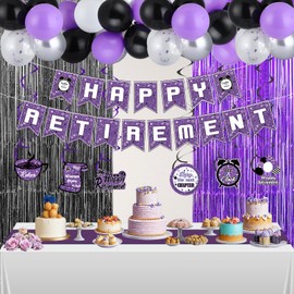 55PCS Purple Black Retirement Decorations for Women Men Purple Black Happy Retirement Banner Balloons Swirls Tablecover Tablerunner and Fringe Curtain for Retirement Party Decoration Supplies