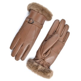 Harssidanzar Leather Gloves Women's Winter Thermal Gloves Dress Leather Gloves Fur Lined SL022US,Cognac,Size L