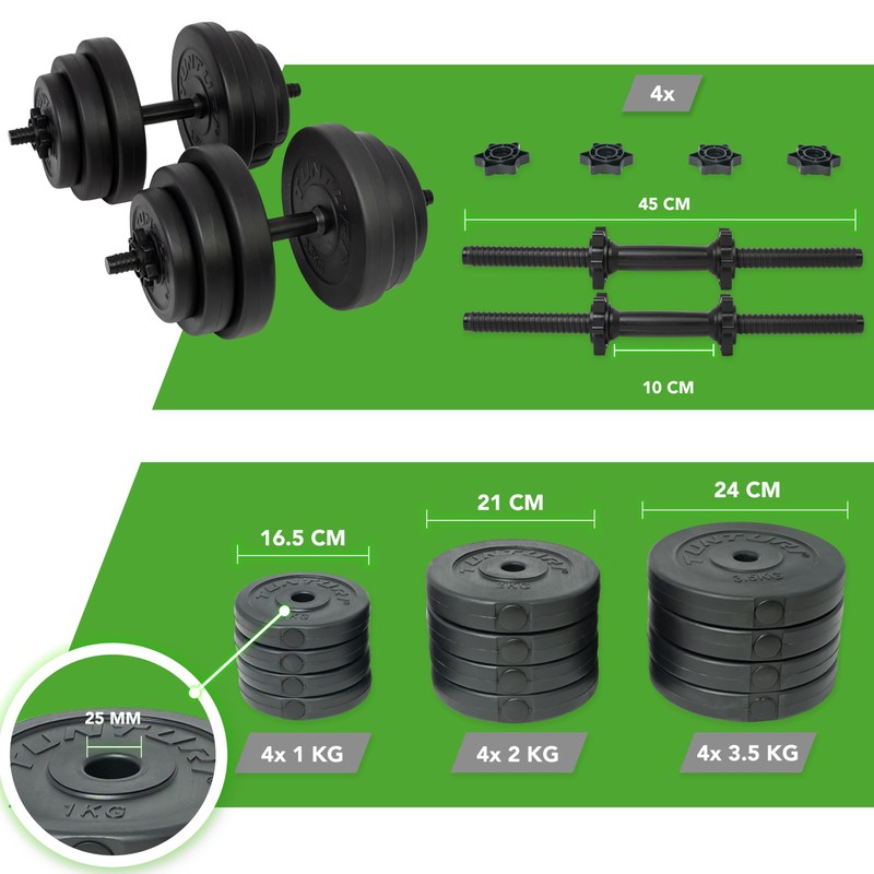 Tunturi Vinyl Dumbbell Set 28kg, 2 Dumbbells, 12 Weight Plates,