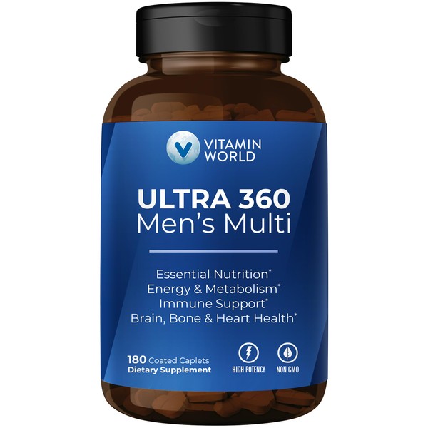 Vitamin World ULTRA 360 Men's Multivitamin, Multivitamin for Men with Minerals & Herbs, Daily Supplement with Vitamin A, C, D3, E & B12 and Zinc for Immune Support, Daily, 180 Caplets, 90 Day Supply