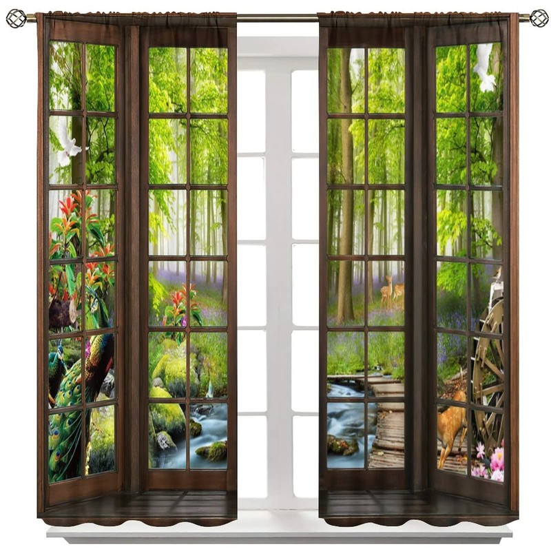 AuiMzoo Landscape Curtains, 3D Window Spring Forest Wildlife Nature Scenery,