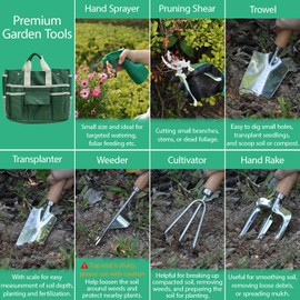 LeMotech Garden Tool Set,10 Pieces Heavy Duty Gardenting Tool Kit, Folding Stool with Detachable Tote Bag, Stainless Steel Tools (Trans-Planter,Trowel,Weeder etc.) for Women Men