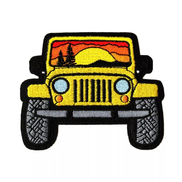 Patchwork Paradise Yellow Jeep 4x4 Off-Road Vehicle Sunset Adventure Embroidered