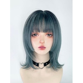 TTYAO REII Wig, Full Wig, Bob, Straight, Curly Hair, Wolf Cut, Snap, Natural Harajuku Women's Clothing, Small Face, Popular, Heat Resistant Wig, Net (Green)