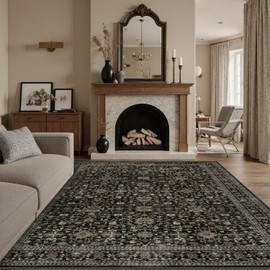 DCX Machine Washable Black Area Rug 9x12, Non Slip Stain Resistant Vintage Area Rug for Living Room Diningroom Bedroom Nursery, Soft Low Pile Large Carpet