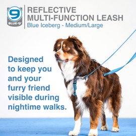 Blue-9 Reflective Multi-Function Dog Leash, Double Attachment Adjustable Lead for Obedience Training and Running, 6 Feet, Made in The USA, Medium/Large, Blue
