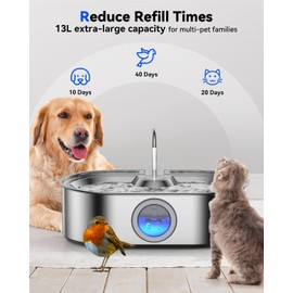 3.4Gal Dog Water Fountain for Large Dogs, 13L Stainless Steel Large Pet Fountain with Deeper & Wider Drinking Area, Automatic Dog Water Bowl Dispenser with Water Window (with 3 Filters)