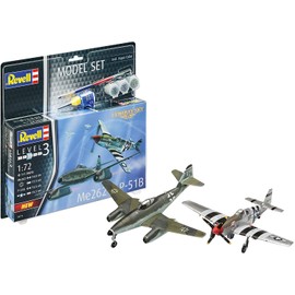 Revell Model Set 63711 Combat Set Me262 & P-51B Mustang 1:72 Scale Unbuilt/Unpainted Plastic Model Kits with Contacta Professional Glue, Paintbrush & Selected Aqua Color Paints