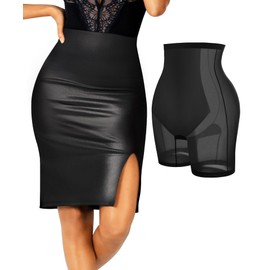 Popilush Shapewear Faux Leather Skirts with Built in Shapewear Tummy Control High Waist Midi Skirt with Shaper for Women Black