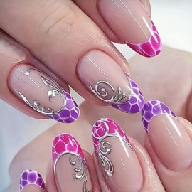 French Tip Press on Nails Medium Almond Fake Nails Red Purple Nails Press ons Acrylic Manicure Art Style for Girls and Women False Nails with Silver Lines Design Glossy Artificial Stick on Nails 24Pcs