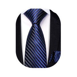 Hi-Tie - Corbatas de seda para niños de 8 a 14 años con bolsillo para niños, juego cuadrado para boda, escuela, graduación, Raya azul marino, Medium