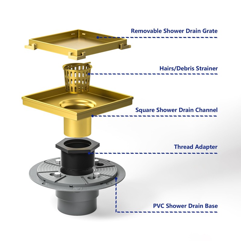 Bernkot Square Shower Drain 6" with 2" PVC Flange Base,
