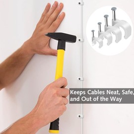 80Pcs Round Cable Clips,4mm 6mm 8mm 10mm Electrical Cable Wall Clip - Nail Clips Cable Management, Steel Nails Tacks Holder for Organizing Electric Wires Cables Line TV (White)