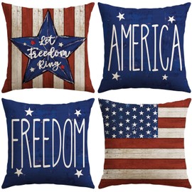 Artscope 4th of July Patriotic Throw Pillow Covers 18x18 Inch Set of 4, Independence Memorial Day American Freedom Stars Stripes White Red and Blue Decoration Pillow Cases for Sofa Bed Room Home Decor