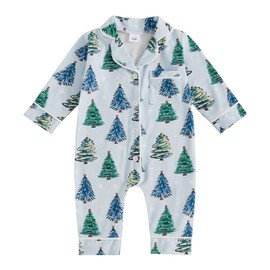 Balaflyie Baby Girl Button Down Pajamas Romper One-Piece Jumpsuit Long Sleeve Sleeper Infant Sleepwear (Christmas Tree&Blue,12-18 Months)